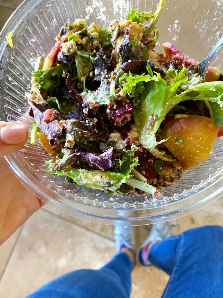 salad with quinoa, beans, tons of veggies, and a cashew-based creamy dressing