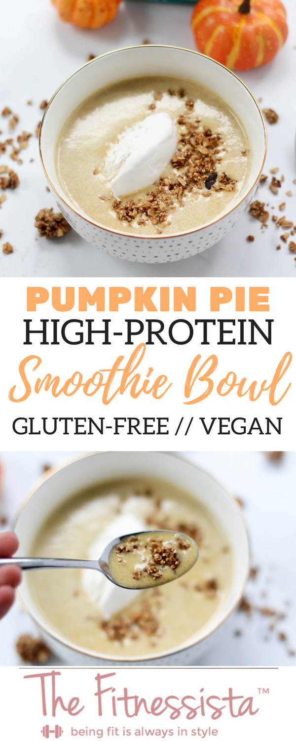 High-protein pumpkin pie smoothie bowl! This has hidden cauliflower in it -it sounds weird but I promise it's good- for bonus nutrients. It's super filling, tastes like pumpkin pie, and is an awesome breakfast option. fitnessista.com