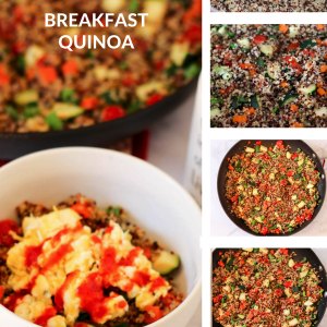 Breakfast quinoa! A fun and savory twist on the usual bowl of oats for breakfast. This is packed with veggies and protein. Make a batch for the week. fitnessista.com