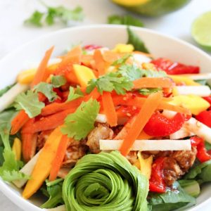 Spring roll chicken salad! I love spring rolls but don't find them to be very satisfying alone. This takes the flavors to a bold, filling, and delicious salad. A healthy protein-packed lunch option!